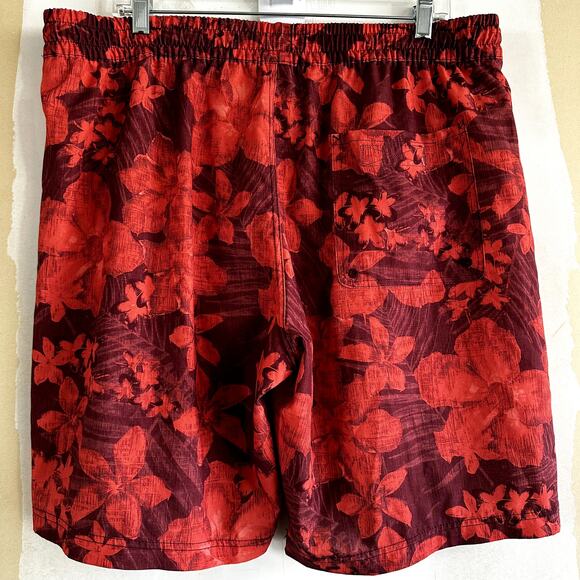 Prana Swim Trunks Drawsting Floral Tropical Print Elastic Waist Mesh Red M - Picture 4 of 4